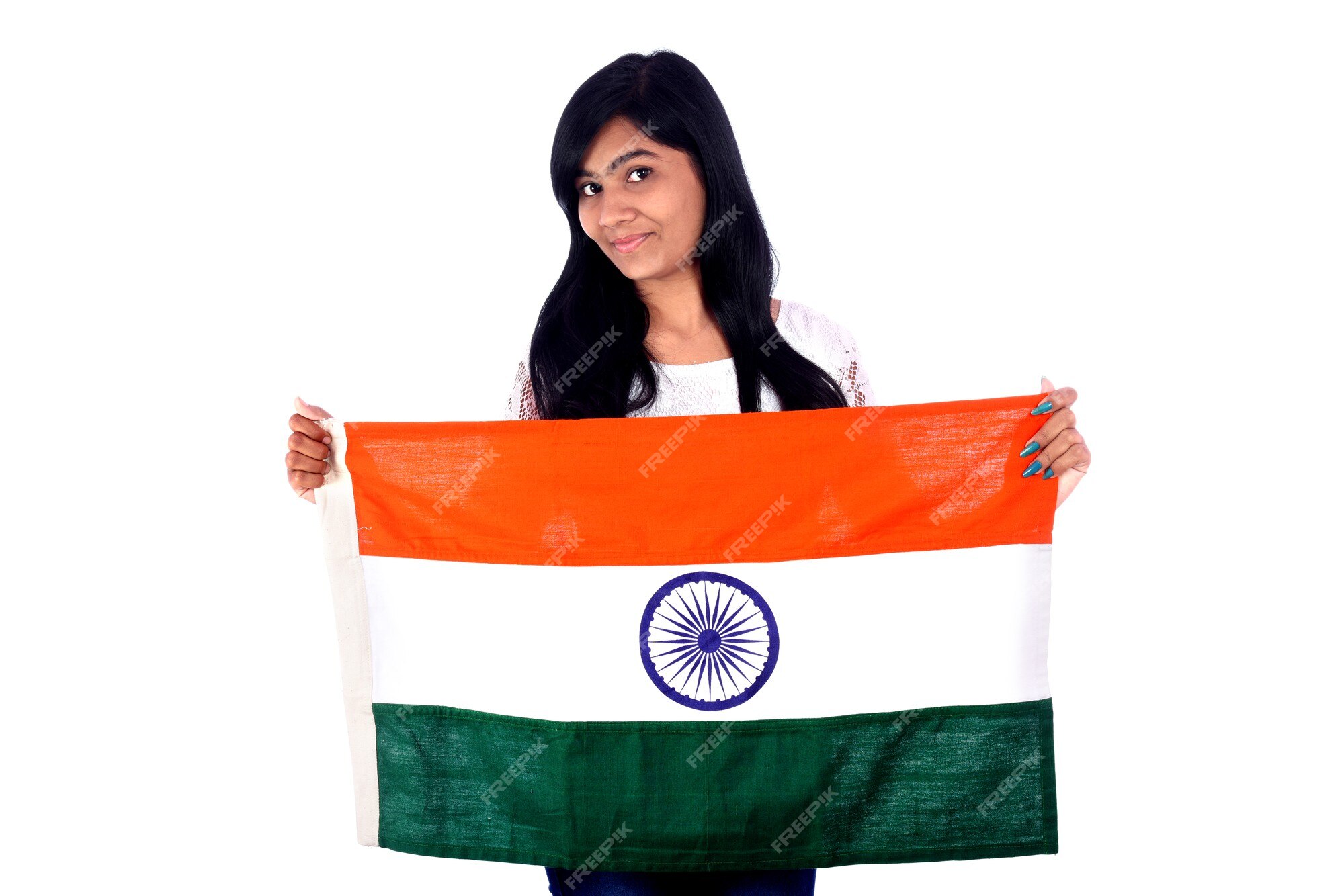 Premium Photo | Girl with indian flag or tricolour on white background