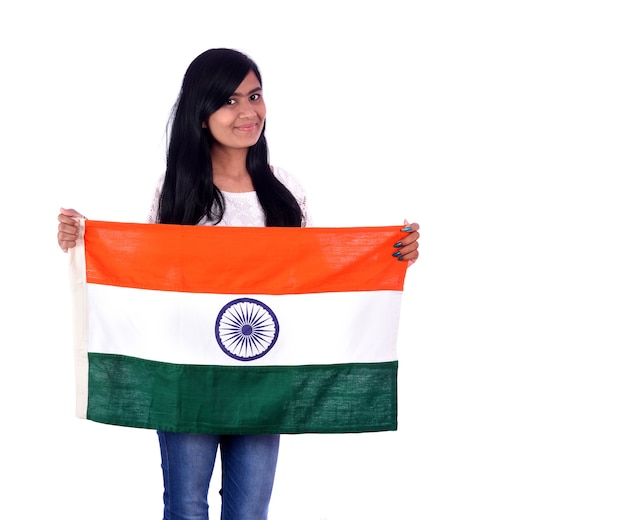 Girl with Indian flag or tricolour on white background