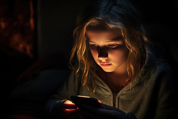 Photo girl with insomnia lies in bed looks at her phone hangs out on social networks