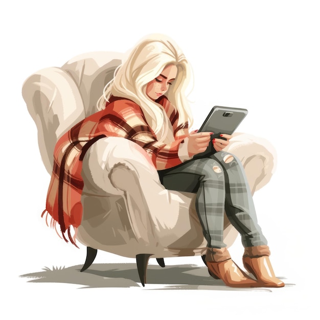 Девушка с ноутбуком, сидящая на кресле Уютный дом Свободная работа или изучение концепции Плоская иллюстрация