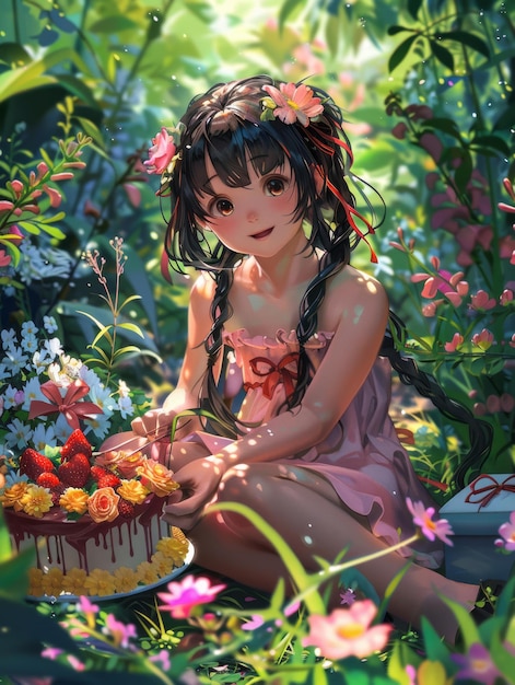 A girl with long black hair is sitting in a field of flowers and cutting a strawberry cake with a knife