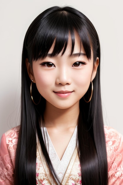 A girl with long black hair and a pink kimono