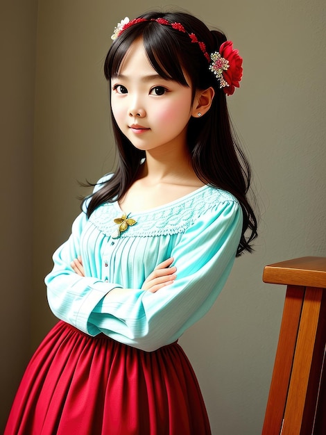 A girl with long black hair and a red flower in her hair stands on a staircase.