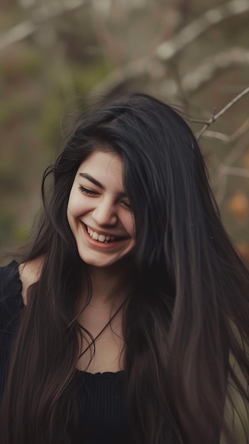 Photo girl with long black hair smiling