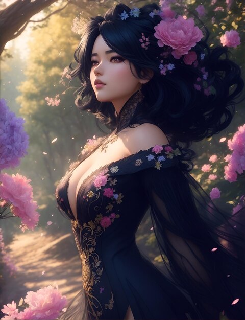 a girl with long black hair wearing a fairy dress in the forest 03