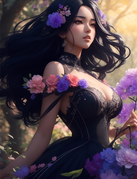 a girl with long black hair wearing a fairy dress in the forest 04