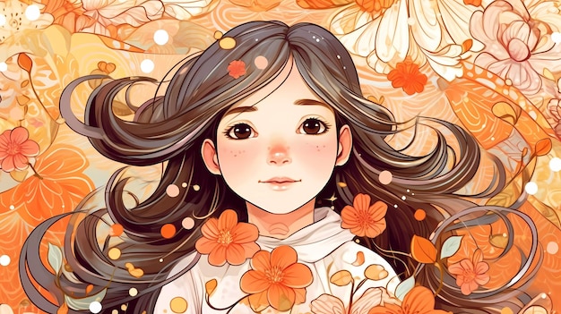 A girl with long black hair and a white shirt with orange flowers on it.