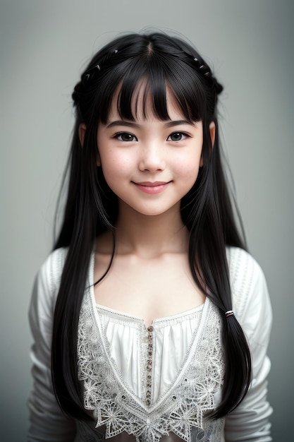 A girl with long black hair and a white top