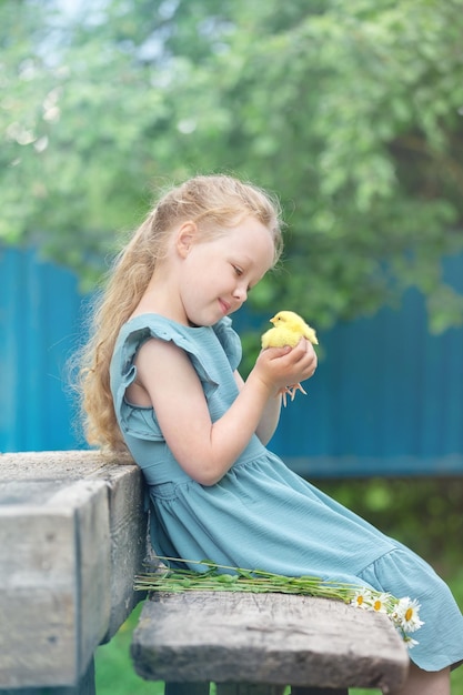 長いブロンドの髪の少女は、黄色い鶏の夏の日にベンチで遊ぶ