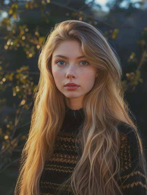 Foto una ragazza con i capelli lunghi e biondi in piedi in un campo