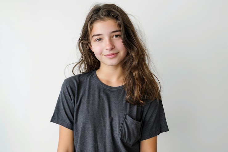 Photo a girl with long brown hair and a gray shirt that says  she is smiling