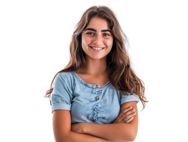 Foto una ragazza con i lunghi capelli castani sta sorridendo e indossa una camicia blu