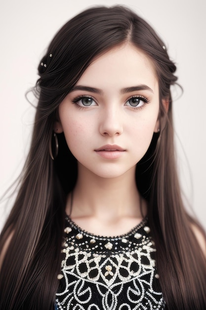 A girl with long brown hair and a necklace