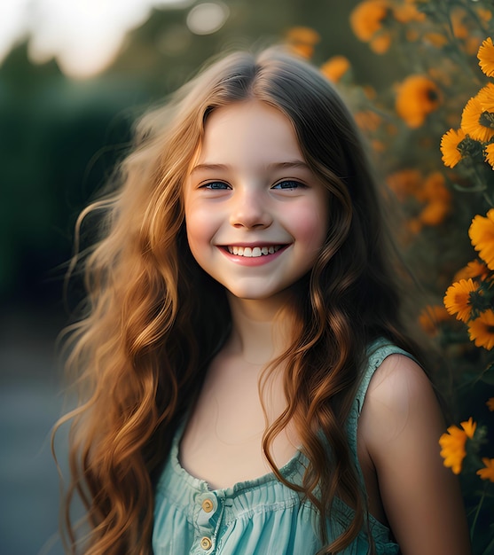 a girl with long brown hair smiles in front of a sunflower field.