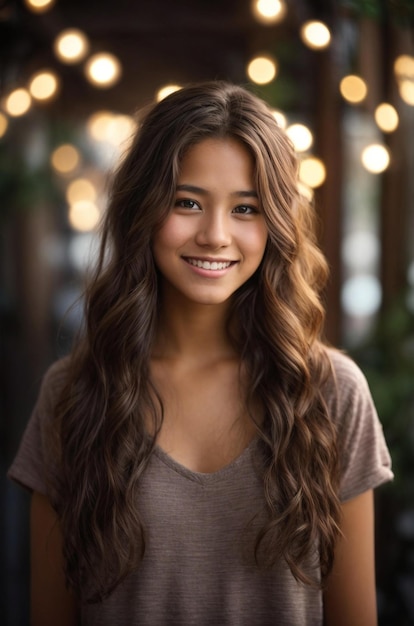 a girl with long brown hair smiling with a light behind her