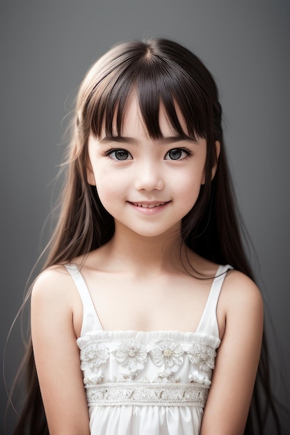 A girl with long brown hair and a white dress is posing for a photo.