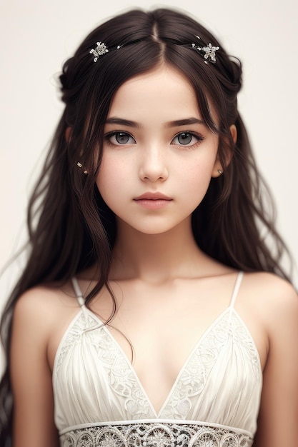 A girl with long brown hair and a white dress