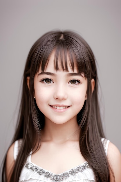 A girl with long brown hair and a white tank top smiles at the camera.