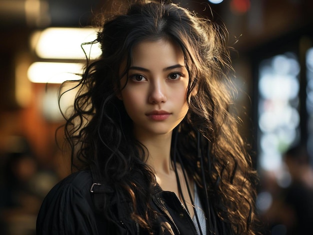 a girl with long curly hair and a black jacket is standing in front of a wall of lights.