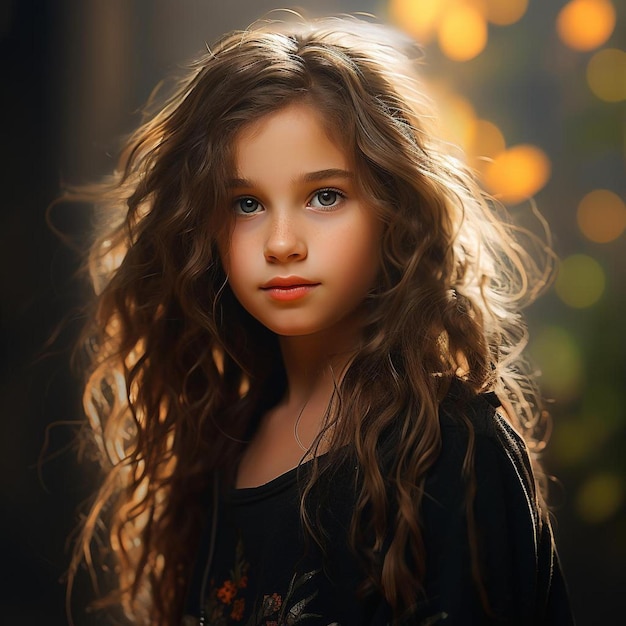 a girl with long curly hair and a black top with a floral pattern on the front.