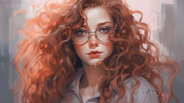 A girl with long curly hair and glasses