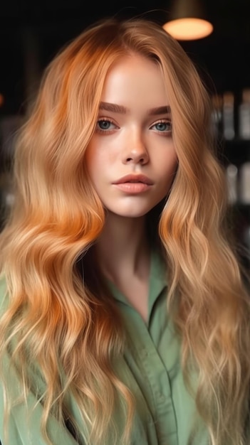 A girl with long curly hair in a green shirt with a green shirt.