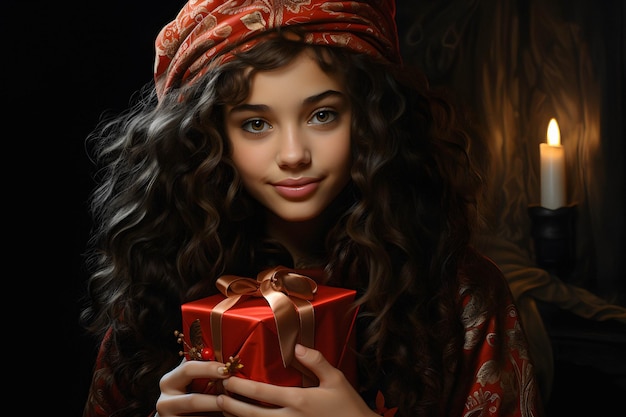 a girl with long curly hair holding a red box with a bow.