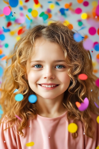 Girl with long curly hair is smiling and surrounded by colorful dots