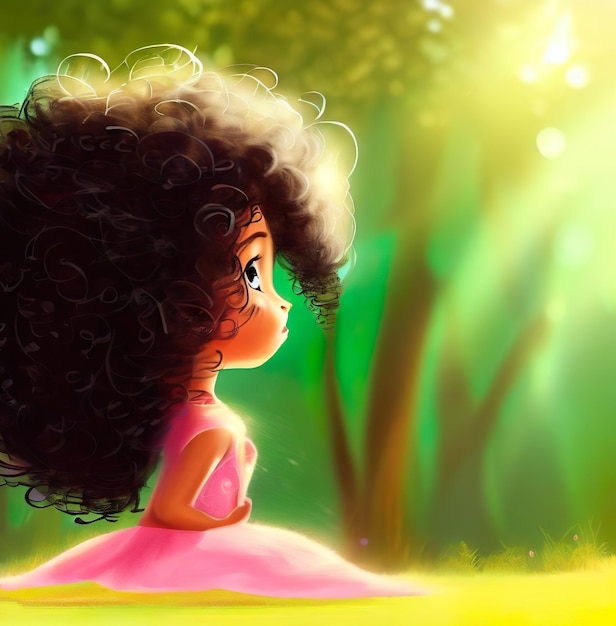 Girl with long curly hair sitting on the grass