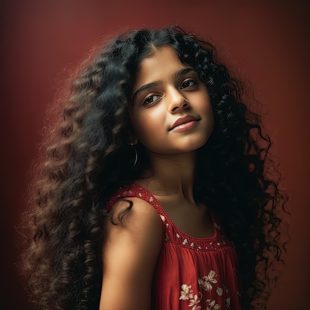 A girl with long curly hair stands in front of a red background.