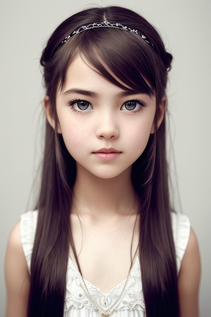 Premium AI Image | A girl with long dark hair and blue eyes looks at ...