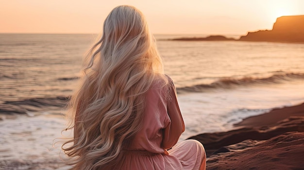 a girl with long flowing white hair sitting on the beach during a sunset