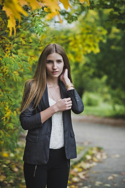 The girl with long hair autumn among nature 3683