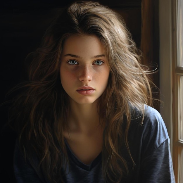 a girl with long hair and a blue shirt is looking out a window.