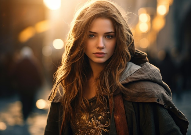 a girl with long hair and a cloak