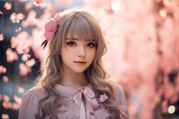 a girl with long hair and a flower in her hair stands in front of pink cherry blossoms