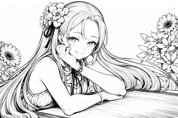 A girl with long hair and a flower in her hair