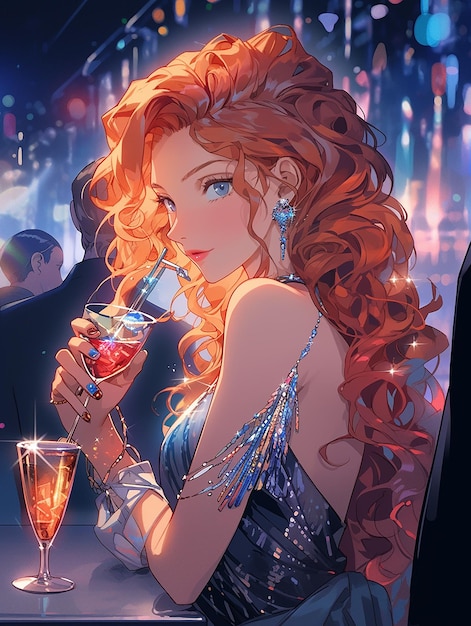 a girl with long hair and a glass of champagne