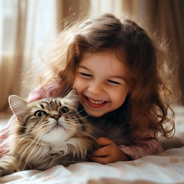a girl with long hair hugging a cat on a bed