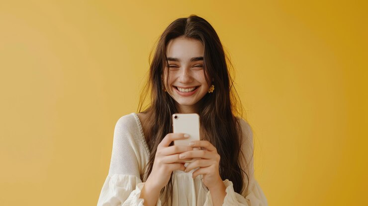 Photo a girl with long hair is smiling and holding a phone