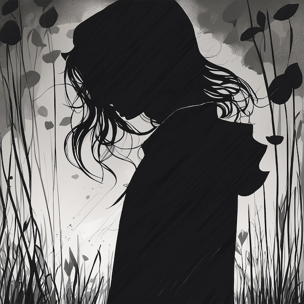 девушка с длинными волосами стоит в поле с высокой травой.