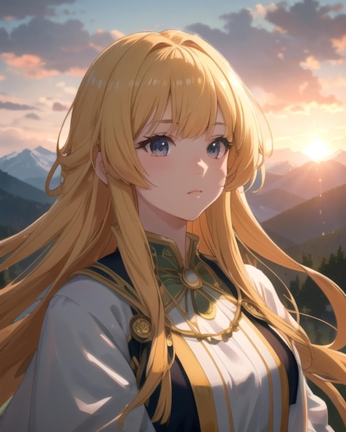 a girl with long hair is standing in a mountain valley.