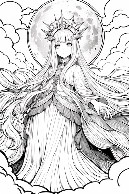 A girl with long hair and a long white dress with a flower on her head.