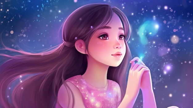 A girl with long hair and a pink dress looks up at a starry sky anime background