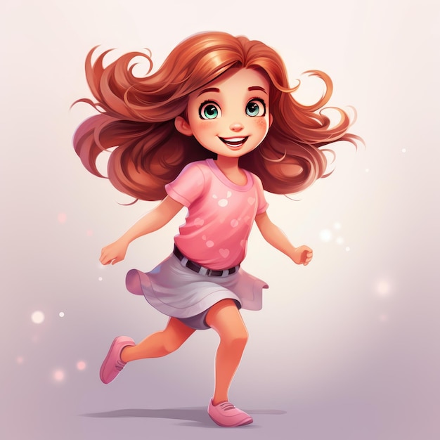 a girl with long hair running in front of a light background.