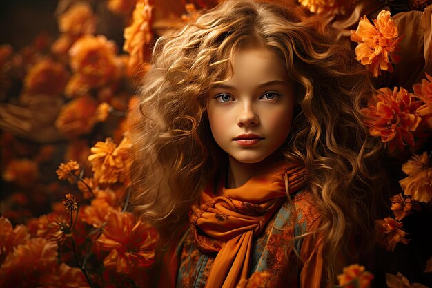 Photo a girl with long hair and a scarf with flowers in the background