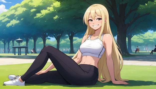 a girl with long hair sits on the grass relaxin doing exercises