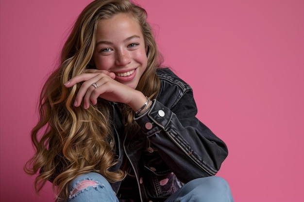 Photo a girl with long hair sitting on a pink background