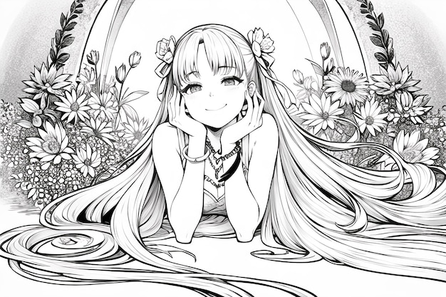 꽃 배경 앞에서 웃고 있는 긴 머리 소녀