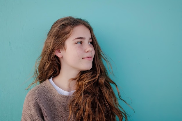 Girl With Long Hair Standing in Front of Blue Wall